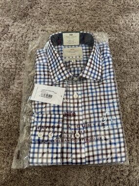 Hawes and Curtis Classic Fit Blue & Brown Check Non-Iron Shirt  - Chest Pocket